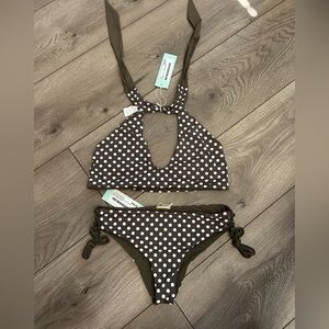 NWT San Lorenzo Bikinis Brown/White Polka Dot Bikini Size L (Reversable)